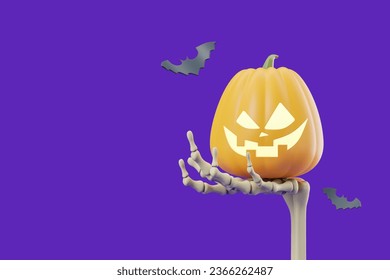 Skeleton hand holding a smiling scary cartoon halloween pumpkin, glowing eyes and flying bat on purple background. Concept of holiday, spooky and horror. 3D rendering illustration - Powered by Shutterstock