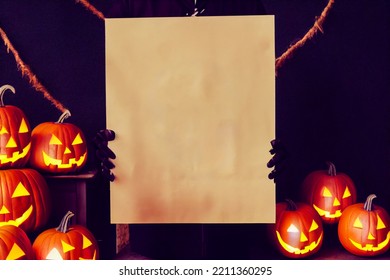 Skeleton holding blank sign an empty invitation card  for halloween  3d illustration