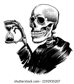 Skeleton holding sand clock  Ink black   white drawing