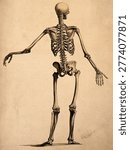 Skeleton, seen from behind, with left arm outstretched Ink and watercolour, 1830 or 1835, after BS Albinus. Vintage painting and art illustration.