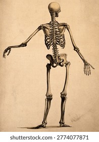 Skeleton, seen from behind, with left arm outstretched Ink and watercolour, 1830 or 1835, after BS Albinus. Vintage painting and art illustration.