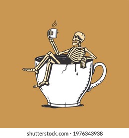 Skeleton Sitting Cup Black White Background Stock Vector (Royalty Free ...