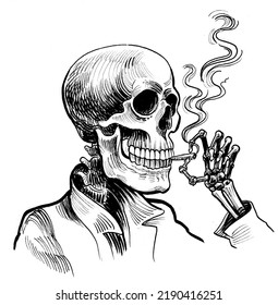 Skeleton Smoking Marijuana Joint. Ink Black And White Drawing