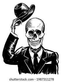Skeleton in suit raising his hat  Ink black   white drawing