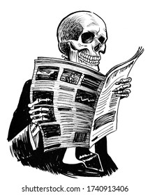 Skeleton in suit reading newspaper  Ink black   white drawing