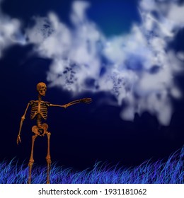 Skeleton In Surreal Scene. 3D Rendering