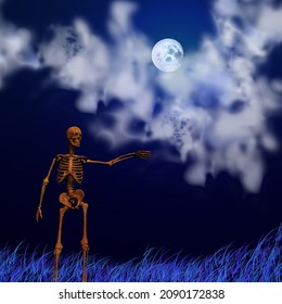 Skeleton In Surreal Scene. 3D Rendering