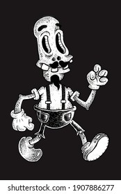 A Skeleton Walking Wearing Suspenders And A Mustache.