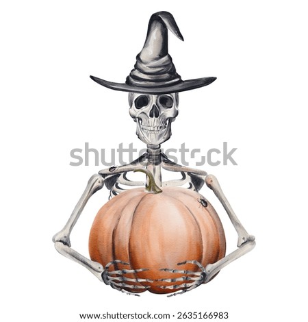 Skeleton in witch hat holding pumpkin. Halloween monster. Black magic hat. Living dead. Watercolor illustration isolated from background. Hand drawing.