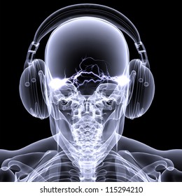 Skeleton X-ray DJ: An X-ray of a male skeleton DJ wearing headphones with electric activity in his head. Isolated on a black background