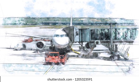 Sketch Airplane Airport Boarding Time Stock Illustration 1205323591 ...