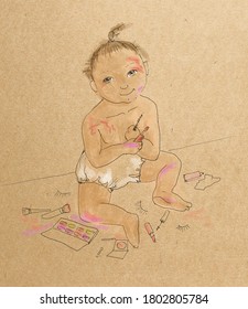 Sketch Art Of Little Baby, Whom Naughty In Mom's Makeup Bag