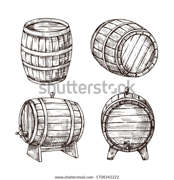 樽をスケッチします ウィスキーオークの樽 ビンテージ彫刻様式の木製の酒樽 バー パブ ビールの看板 のイラスト素材