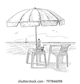 Sketch Beach Umbrella On Seashore Stock Illustration 797846098 ...