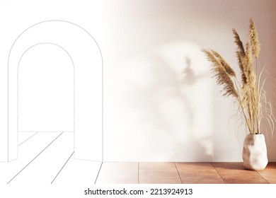 A Sketch Becomes The Modern Interior With A Sunbeam On The Blank White Wall, An Arched Doorway, Large Ears Of Corn In A Clay Vase, And A Terracotta Ceramic Tile Floor. Front View. 3d Render