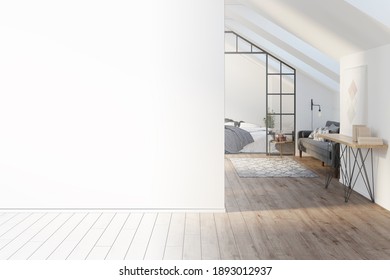 The Sketch Becomes A Real Attic With A Blank Mockup Wall, Wooden Floor. There Is A Painting With Books On A Sideboard, A Gray Modern Sofa, A Bed With A Blanket In The Background. Front View. 3d Render