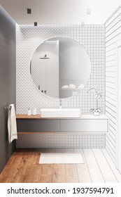 The Sketch Becomes A Real Black And White Bathroom With A Large Round Mirror On A White Mosaic Wall, An Overhead Washbasin On A Wooden Cabinet, An Orchid, A Towel, A Rug On A Wooden Floor. 3d Render