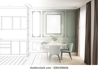 A sketch becomes a real modern classic kitchen and dining room interior with a blank vertical poster above the wooden round dining table, a green wall with classic moldings, kitchen cabinets.3d render