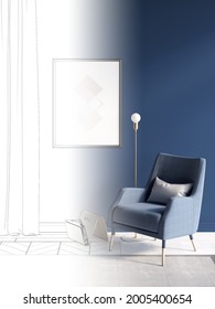 The Sketch Becomes A Real Modern Room With Sunlight On A Blue Wall, A Vertical Poster Near The Blue Curtains, A Wooden Magazine Rack And A Gold Lamp Near The Armchair, A Carpet On A Parquet. 3d Render