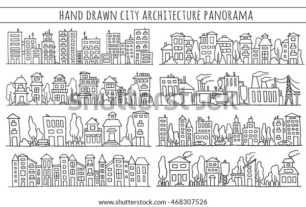 家 工場 木 車を使って大きな都市建築をスケッチします 一列に並んだ通りのパノラマセット 白い背景に手描きのイラストをグループに分けて編集し 簡単に編集できます のイラスト素材