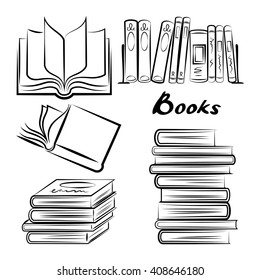 Sketch Of Books. Hand Drawn Books Set. Opened And Closed Books. Doodle Book Collection Icon Set.