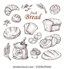 Sketch Bread, Hand Drawn Bakery Products Set Isolated On White Background. Sketch Loaf Bakery Drawing, Bun Fresh Illustration