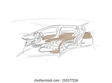 Sketch Of Car Interior On White Background