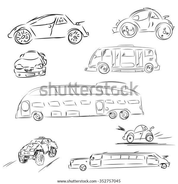 Sketch cars and bus in set. Automobile\
doodle illustration. Raster sign car and bus\
icons.