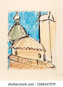 Sketch Of Cathedral In Padua City Italy Hand-drawn With Color Pencils And Black Pen On Old Yellow Colored Textured Paper Close Up