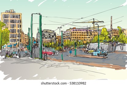 Sketch City Scape Of Berlin Street With Building And Peoples Walk Along The Road, Free Hand Draw Illustration