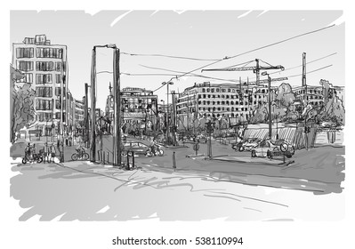 Sketch City Scape Of Berlin Street With Building And Peoples Walk Along The Road, Free Hand Draw Illustration