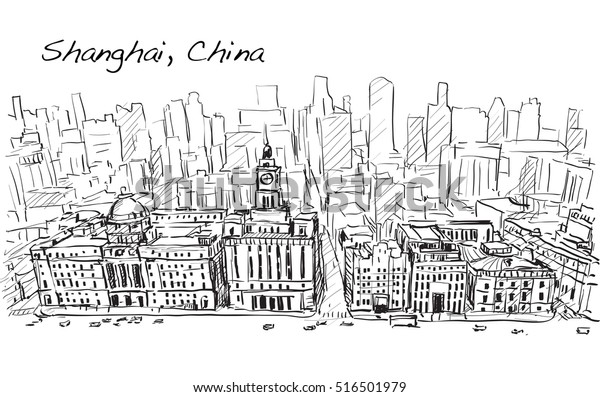 sketch city scape of Shanghai, China,\
the building in downtown, free hand draw illustration\
