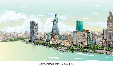 Sketch cityscape Saigon city ( Ho Chi Minh ) Vietnam show skyline   building  illustration 