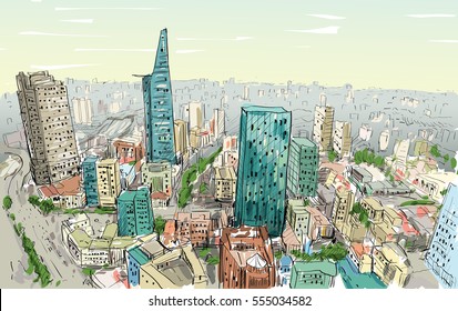 Sketch cityscape Saigon city ( Ho Chi Minh ) Vietnam show skyline   building  illustration 