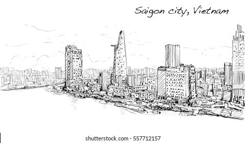 Sketch cityscape Saigon city ( Ho Chi Mihn ) Vietnam show skyline   building  illustration 