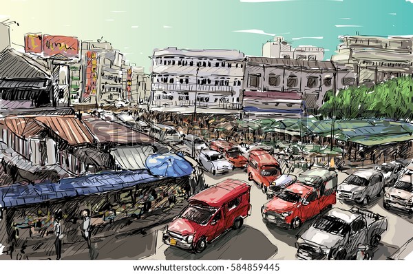 sketch of cityscape show asia\
style trafic on street and building in Thailand,\
illustration