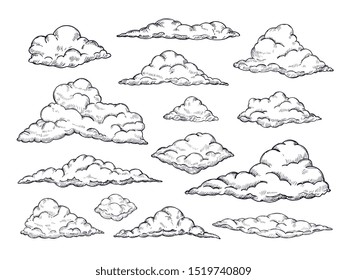 Sketch Clouds. Hand Drawn Sky Cloudscape. Outline Sketching Cloud Vintage Collection