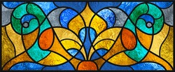 Sketch Of A Colored Stained Glass Window. Art Nouveau. Abstract Stained-glass Background. Bright Colors, Colorful. Modern. Architectural Decor. Design Luxury Interior. Light. Red Yellow, Blue.