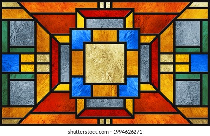 Sketch colored stained glass window  Art Deco  Abstract stained  glass background  Bright colors  colorful  Modern stained glass  Architectural decor  Design interior  Red yellow  blue  green 	