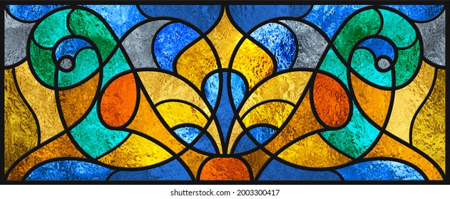 Sketch of a colored stained glass window. Art Nouveau. Abstract stained-glass background. Bright colors, colorful. Modern. Architectural decor. Design luxury interior. Light. Red yellow, blue.