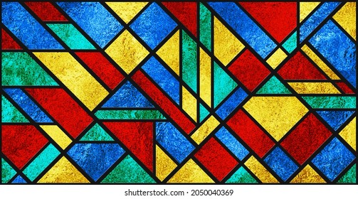 Sketch Of A Colored Stained Glass Window. Art Deco. Abstract Stained-glass Background. Bright Colors, Colorful. Modern Stained Glass. Transparent. Design Interior. Translucent. Church. Vintage.	