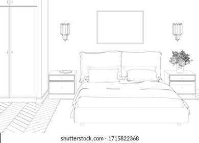 Sketch of a cozy bedroom with a horizontal poster on the wall. A bed with a blanket between two nightstands, next to a wardrobe. Front view. 3d render