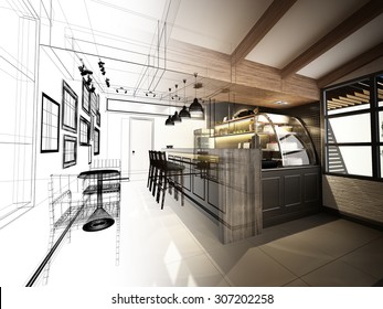 Sketch Design Of Coffee Shop ,3d Wire Frame Render 