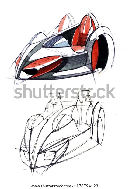 Sketch design is an exclusive compact electric car\
project for the city. Illustration executed by hand on paper with\
watercolor and\
pen.