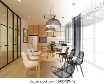  sketch design of interior dining ,3d rendering