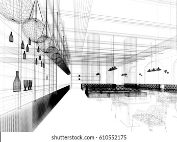 Sketch Design Of   Interior Restaurant, 3d Rendering