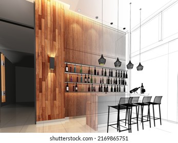 Sketch Design Of Liquor Bar,3d Wireframe Rendering
