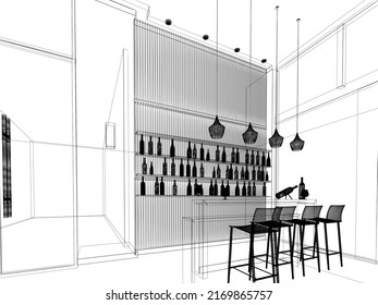 Sketch Design Of Liquor Bar,3d Wireframe Rendering
