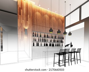 Sketch Design Of Liquor Bar,3d Wireframe Rendering
