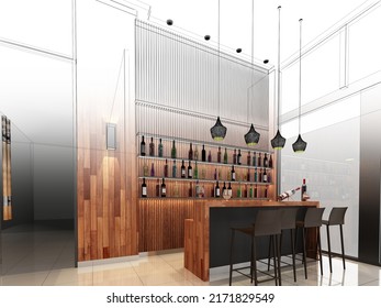 Sketch Design Of Liquor Bar,3d Wireframe Rendering
